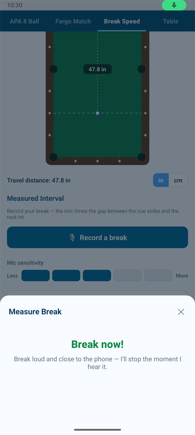 The Measure Break panel showing the armed state, reading Break now