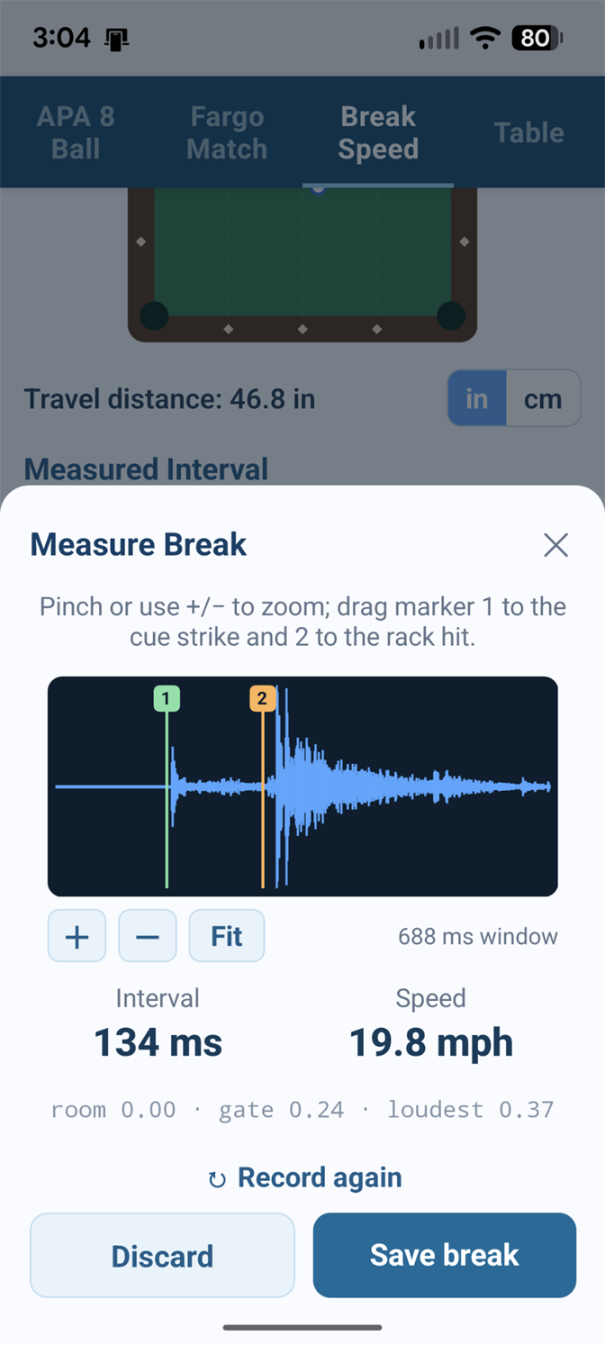 The Measure Break review screen after a real break: a waveform with marker 1 on the cue strike and marker 2 on the rack hit, reading an interval of 134 ms and a speed of 19.8 mph