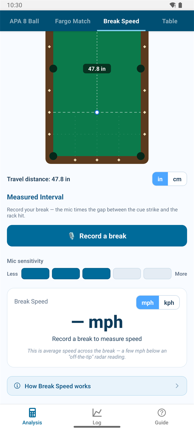 The lower half of the Break Speed screen: the record button, the five-step mic sensitivity control, and the break speed result card
