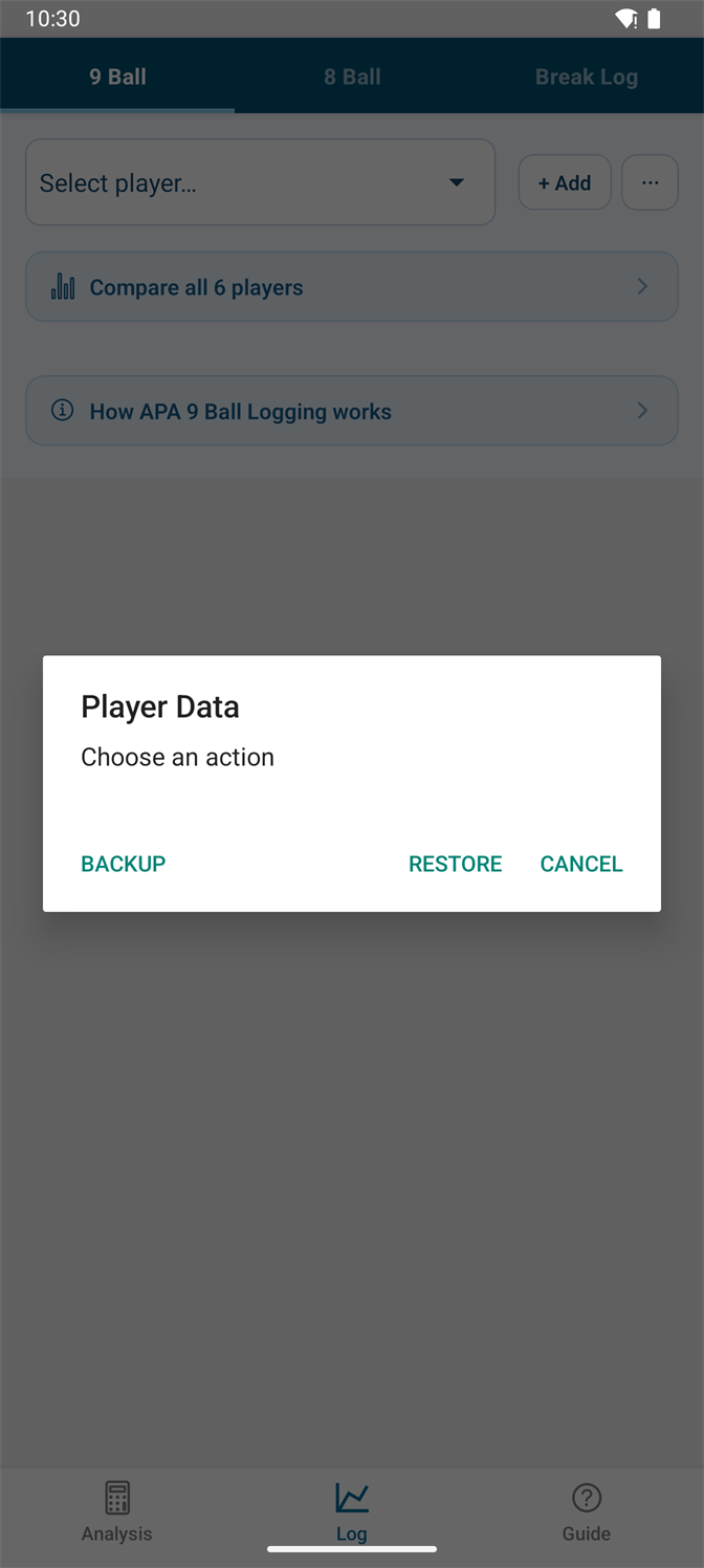 The Player Data dialog in the app offering Backup, Restore and Cancel
