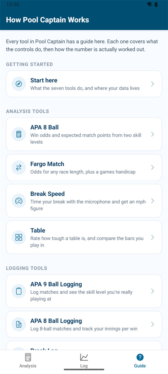 The guide index listing Start here, and guides for each analysis and logging tool