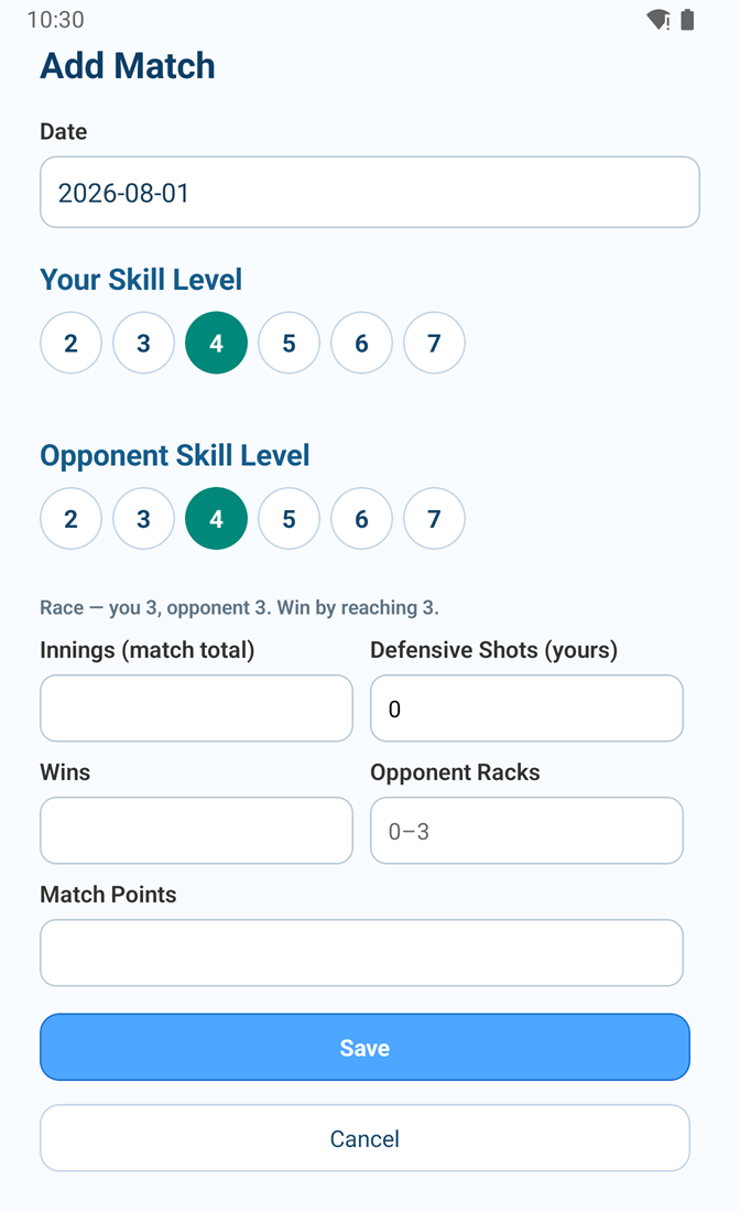 The Add Match form showing skill level pickers for both players and the race it derives from them