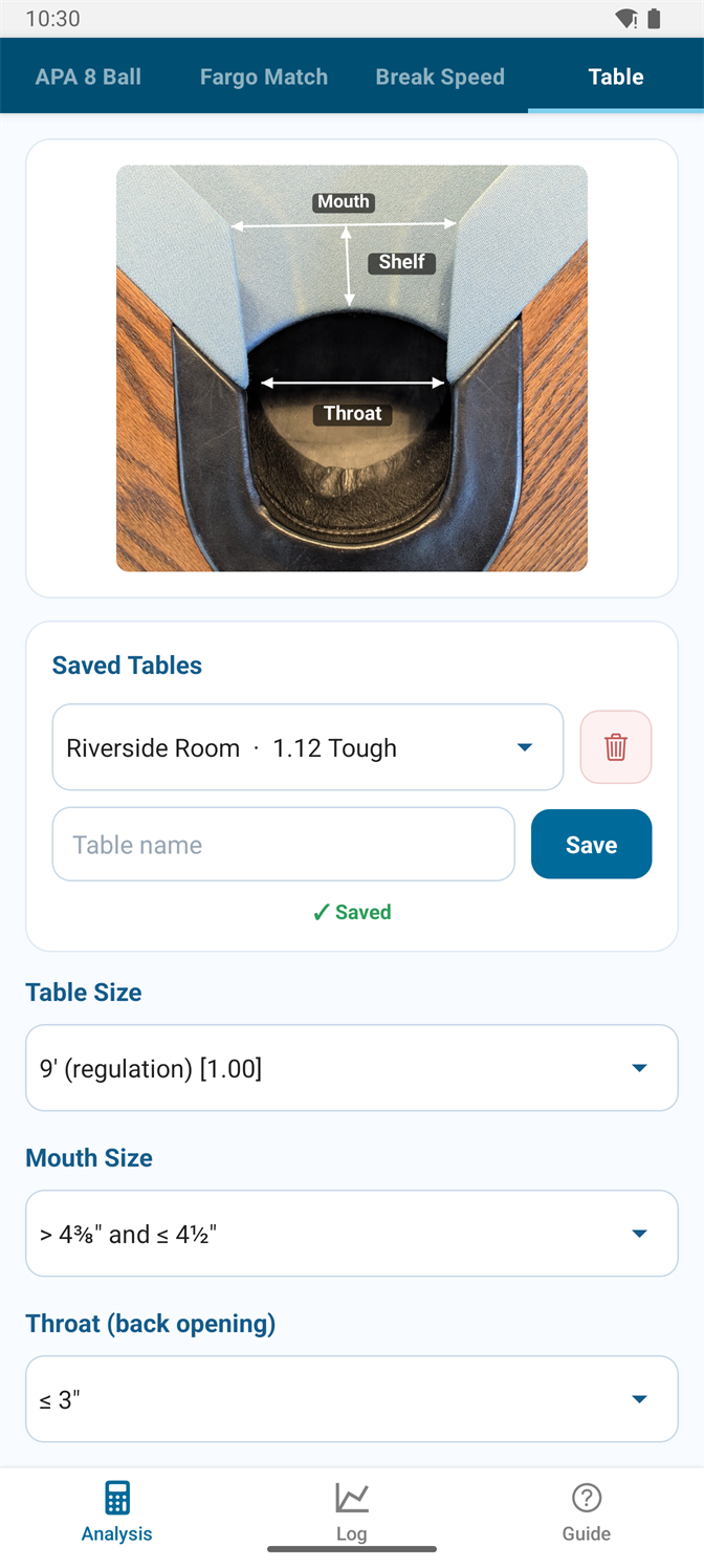 The Table screen showing an annotated photo of a pocket with mouth, shelf and throat labelled, above a saved tables picker